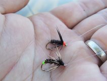 Úspěšná dvojice malých mokrých pavoučků AR Hot Head Peacock Spider & AR Badger Green Tag Stick Fly pomalinku vedených na podpovrchové hover šňůře!