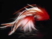 This is another replot stinger mack (II) tied with red and white raccoon fur, white Chinese cock saddles & hot orange microbarb saddles