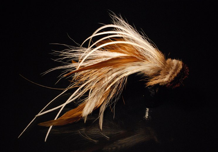 A combination of tan brown bucktail, brown schlappen feathers, white microbarb saddles with a tightly packed tan spun deerhair head