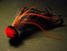 This one has been toed with only black bucktail, black and hot hot orange grizzly microbarb saddles. The head is red and black deer hair