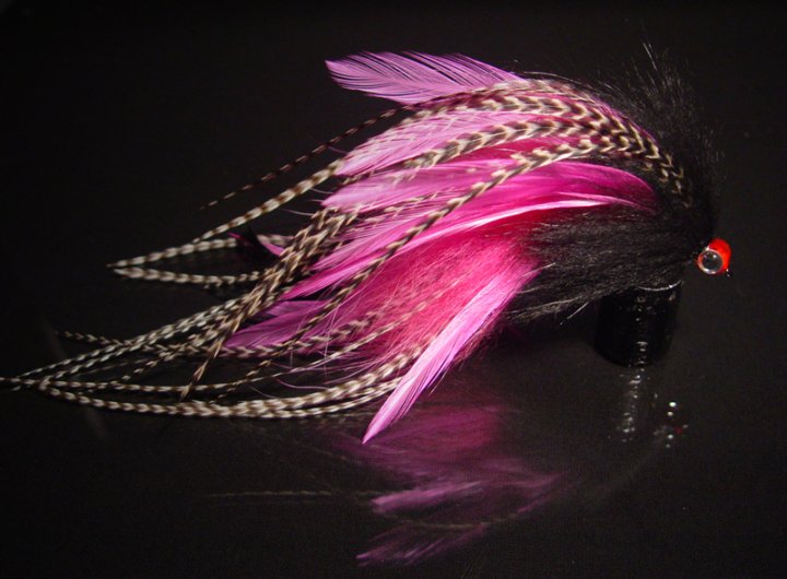 This is a combination of black and pink Chinese cock saddles, with black and pink raccoon as well as grizzly microbarb saddles