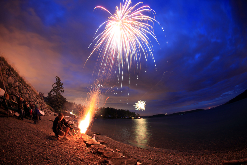 4th of July in the United States, fireworks launched over the Sound on a great beach for fishing