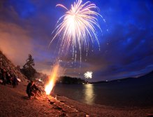 4th of July in the United States, fireworks launched over the Sound on a great beach for fishing