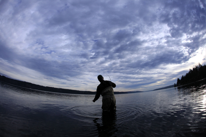 Mike Miller on a perfect day in the Sound.  Clouds, light wind, moving tide and rolling fish
