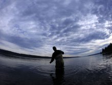 Mike Miller on a perfect day in the Sound. Clouds, light wind, moving tide and rolling fish