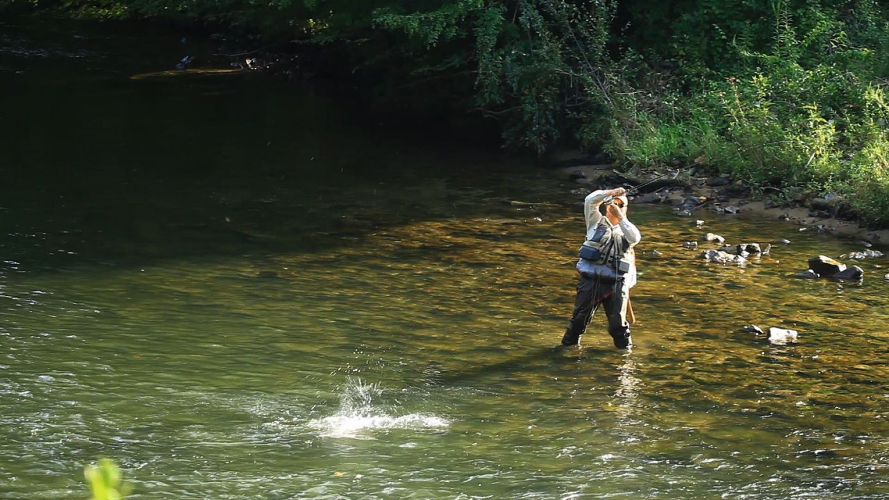 Aaron illustrating fighting techniques in a local spring creek. All segments were filmed in public water and no scenarios were *set up*