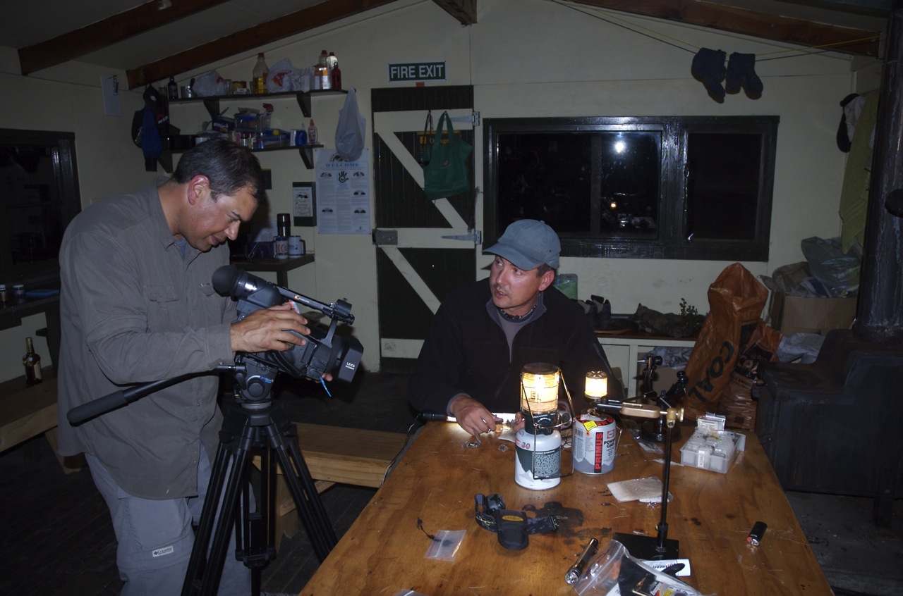 Preparing to film the fly tying sequence in the hut