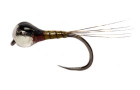 Nymfa Perdigon se stbrnou hlavikou a ernm kroukovnm tmav olivov B/P Nymfa Perdigon se stbrnou hlavikou a ernm kroukovnm tmav olivov B/P, vel. 16