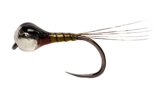 Nymfa Perdigon se stbrnou hlavikou a ernm kroukovnm tmav olivov B/P Nymfa Perdigon se stbrnou hlavikou a ernm kroukovnm tmav olivov B/P, vel. 16