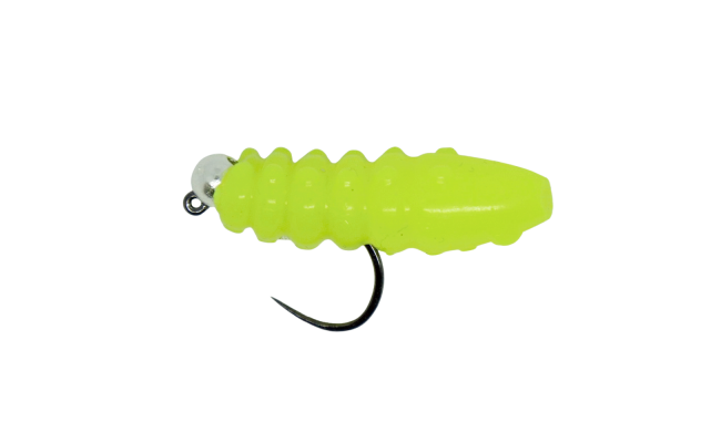 Gumov� larva Trout Grub se st��brnou hlavi�kou fluo chartreuse Gumov� larva Trout Grub se st��brnou hlavi�kou fluo chartreuse